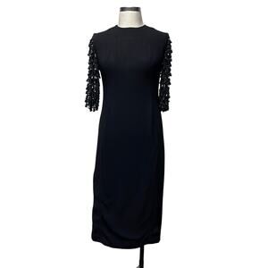 Vintage Womens Black Lace Beaded Fringe Sleeve Button Back Dress
